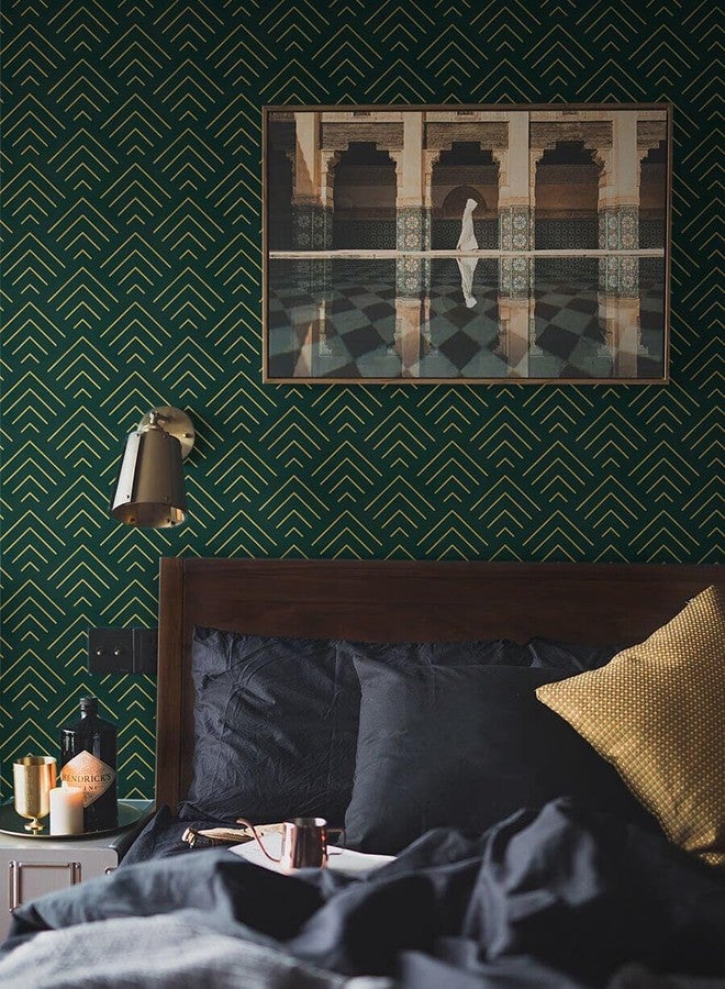 TEKCOOL ورق جدران ذاتي اللصق من TEKCOOL بنمط أخضر وذهبي، ورق جدران قابل للتقشير واللصق بخطوط ذهبية، ورق جدران فينيل لاصق قابل للإزالة، ورق جدران زخرفي، يمكنك تركيبه بنفسك، 45 × 300 سم (أخضر - 4 قطع) - Image 2